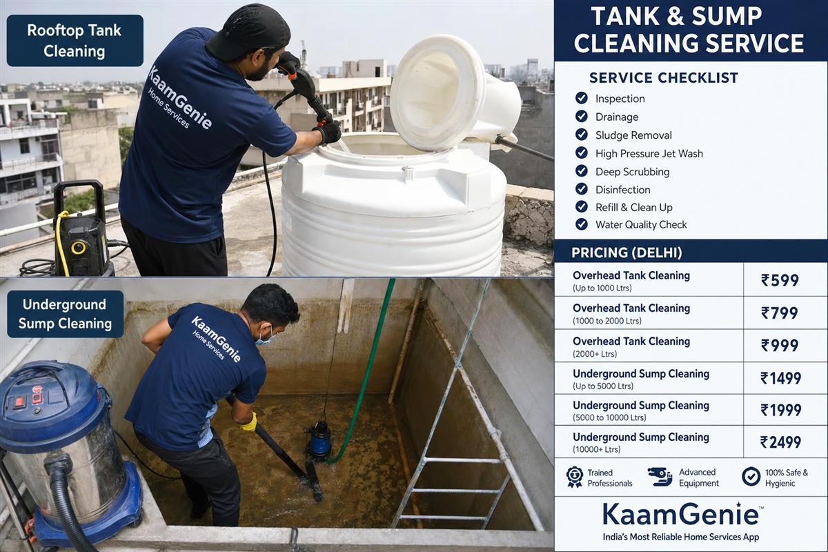 KaamGenie team cleaning both a rooftop overhead tank and underground sump at a Delhi home with pricing checklist