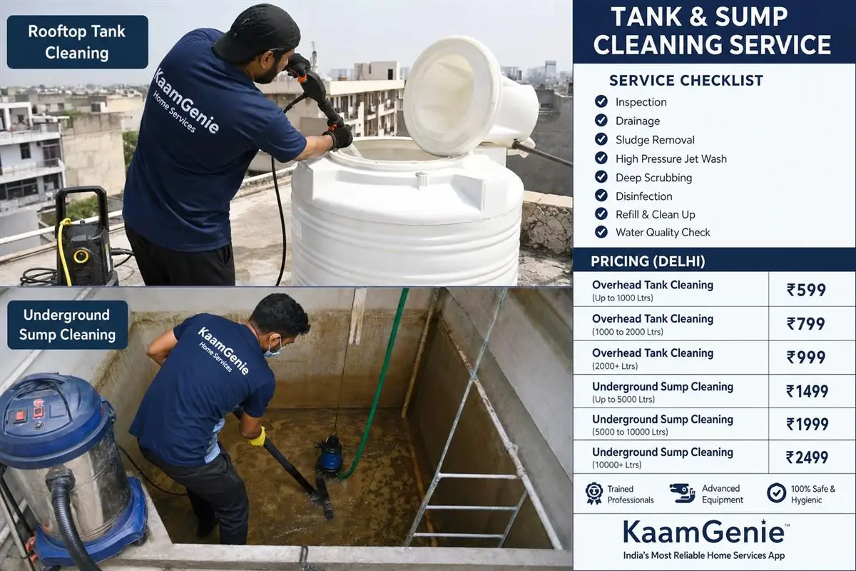 KaamGenie team cleaning both a rooftop overhead tank and underground sump at a Delhi home with pricing checklist