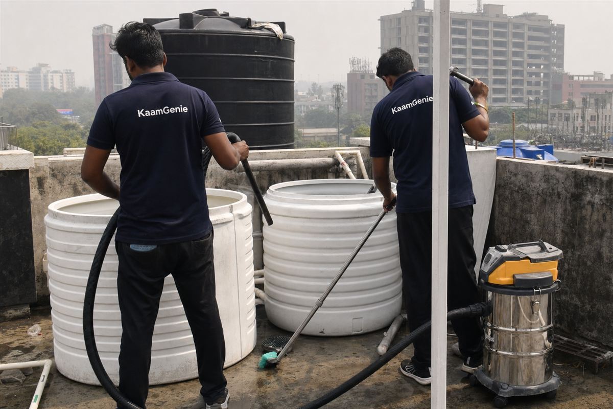 KaamGenie crew in navy shirts mid-process cleaning a rooftop water tank in Gurgaon with a vacuum and brushes, towers behind
