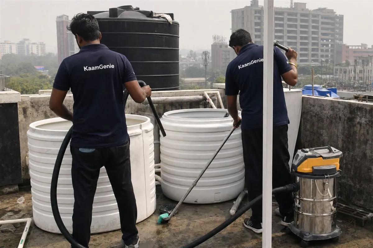 KaamGenie crew in navy shirts mid-process cleaning a rooftop water tank in Gurgaon with a vacuum and brushes, towers behind