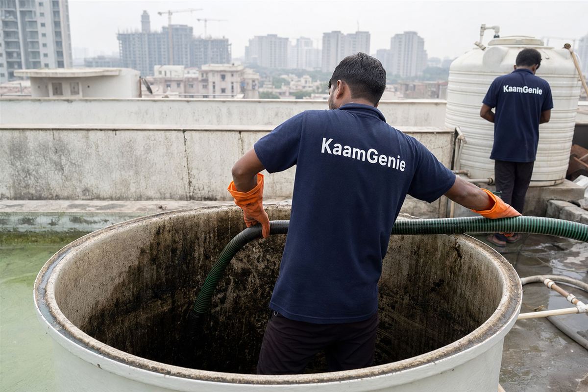 KaamGenie worker in a navy shirt vacuuming dark sludge and sediment from the bottom of a drained water tank in Gurgaon