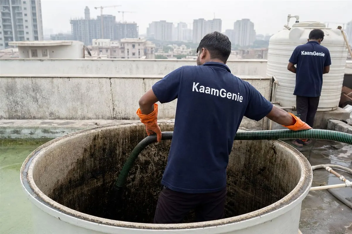 KaamGenie worker in a navy shirt vacuuming dark sludge and sediment from the bottom of a drained water tank in Gurgaon