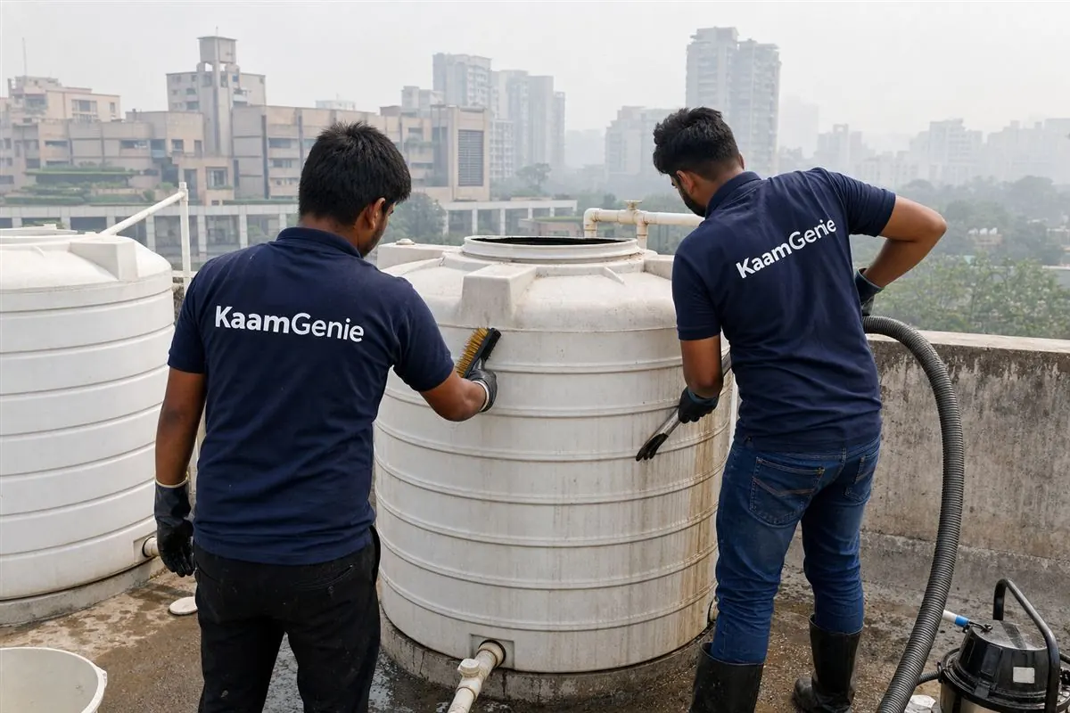 Two workers in navy KaamGenie shirts mid-process cleaning a rooftop water tank in Noida with a vacuum and brushes