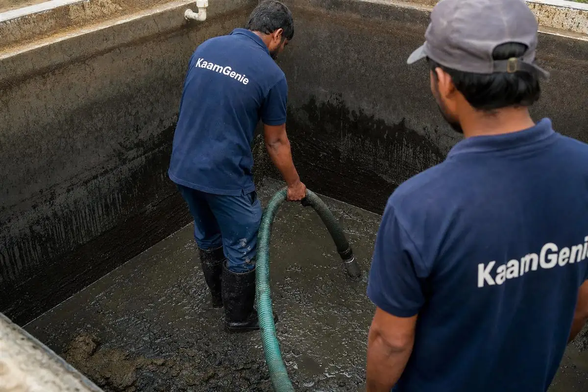 A worker in a navy KaamGenie shirt vacuuming dark sludge from the floor of a drained water tank in Noida