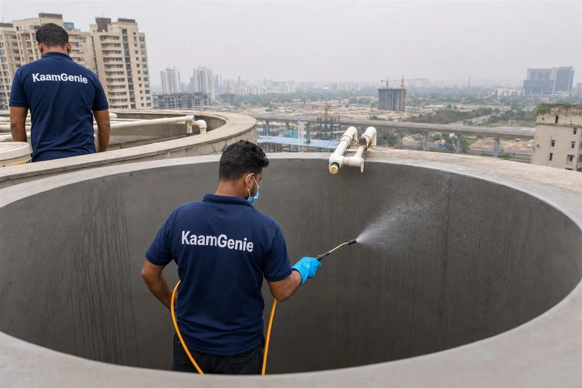 A worker in a navy KaamGenie shirt disinfecting tank walls with a food-grade chlorine spray in Noida