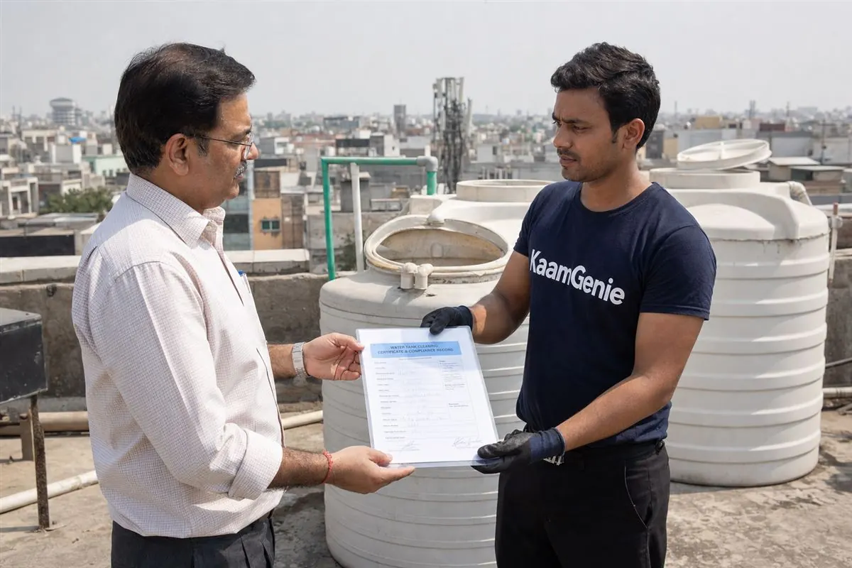 A KaamGenie technician filling in a dated water tank cleaning record on a Delhi rooftop next to a freshly cleaned overhead tank