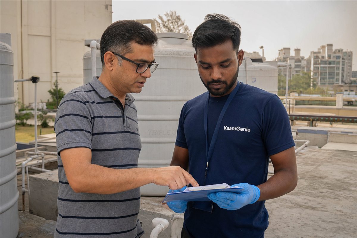 A KaamGenie worker in a navy shirt and an AOA member reviewing a cleaning compliance record beside a Gurgaon society water tank