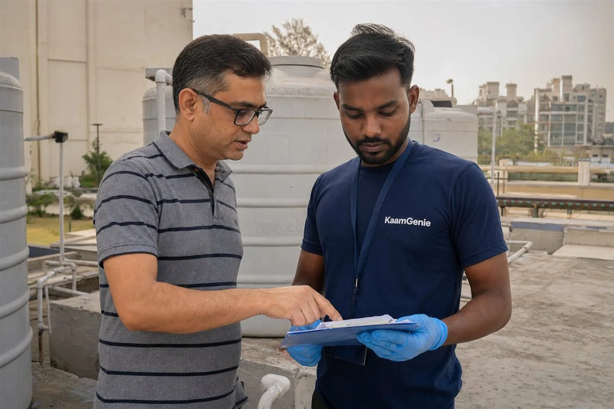 A KaamGenie worker in a navy shirt and an AOA member reviewing a cleaning compliance record beside a Gurgaon society water tank