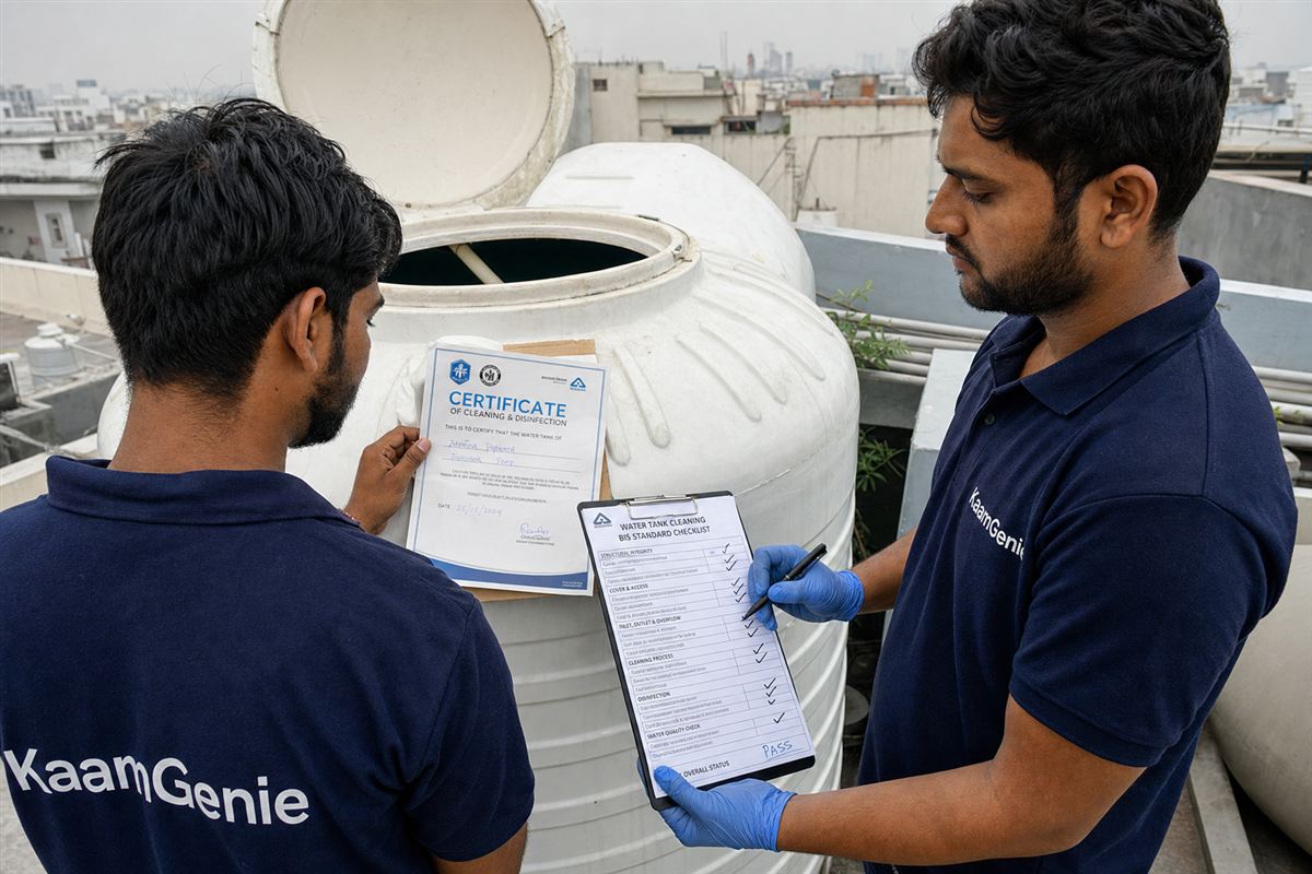 A clean Gurgaon society water tank beside a dated cleaning certificate and a BIS-standard checklist on a clipboard