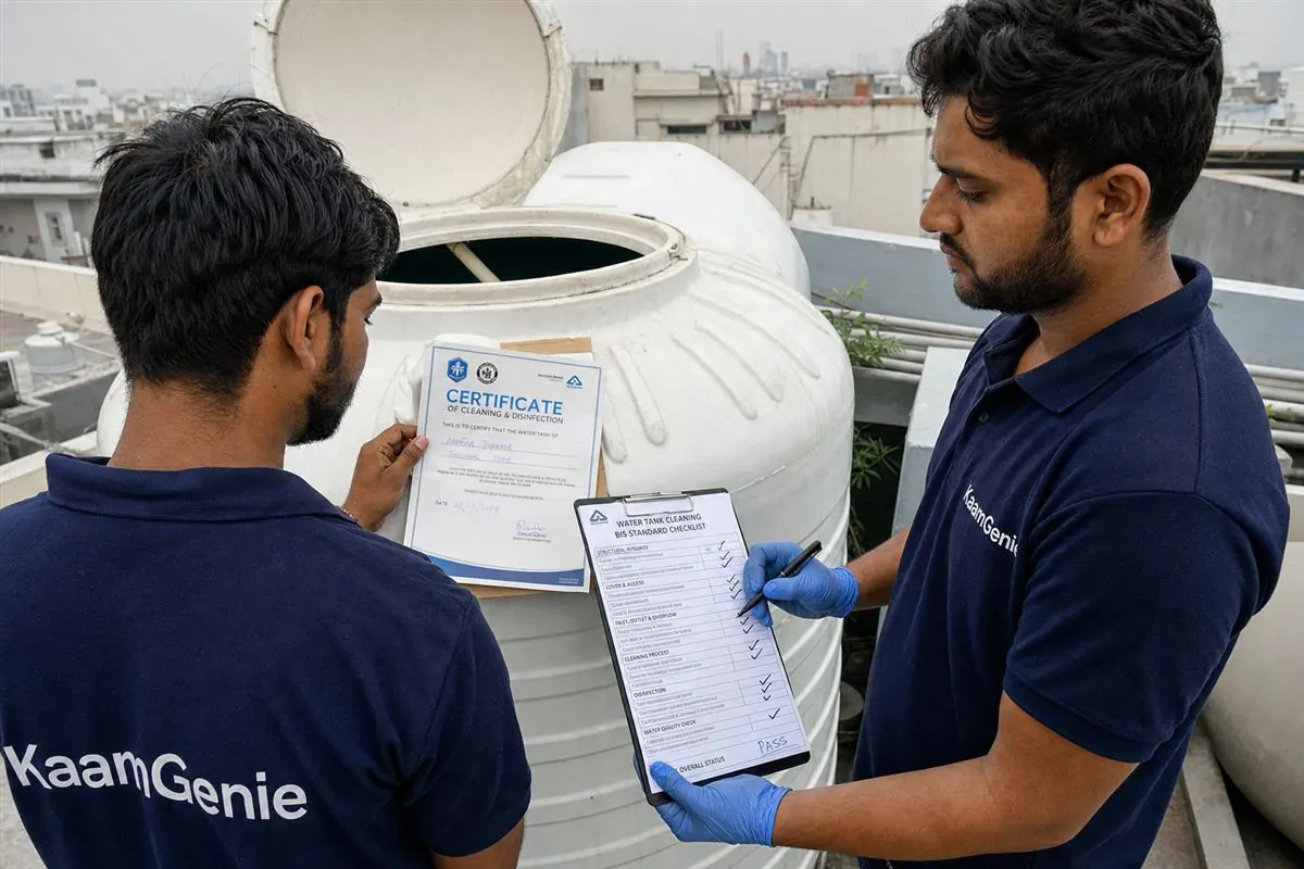 A clean Gurgaon society water tank beside a dated cleaning certificate and a BIS-standard checklist on a clipboard