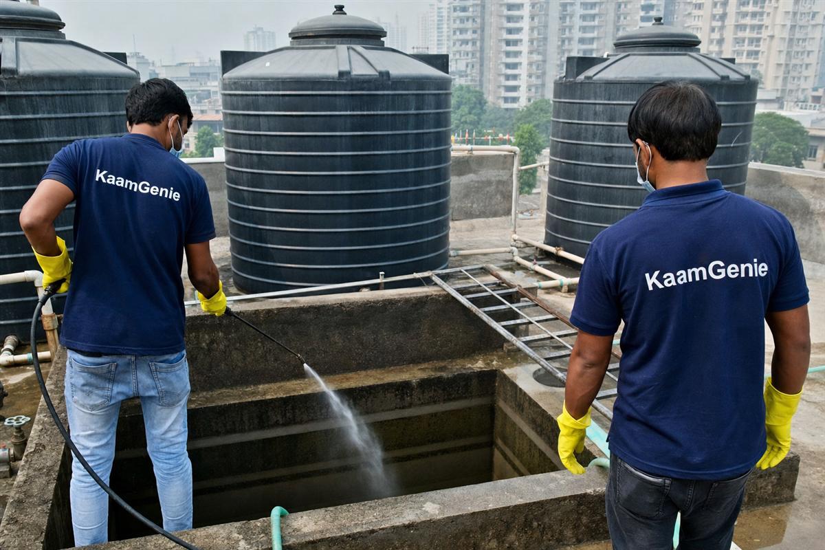 Two KaamGenie workers in navy shirts disinfecting a large Gurgaon society underground reservoir to standard