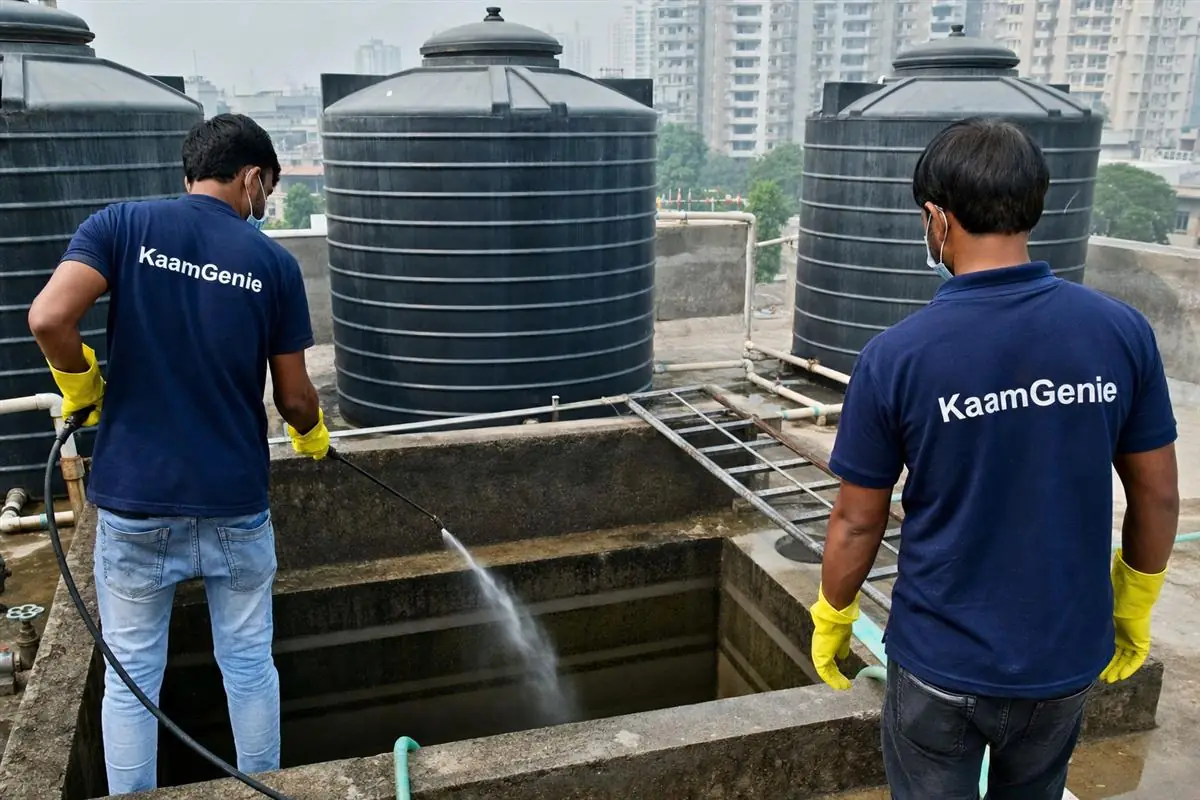 Two KaamGenie workers in navy shirts disinfecting a large Gurgaon society underground reservoir to standard