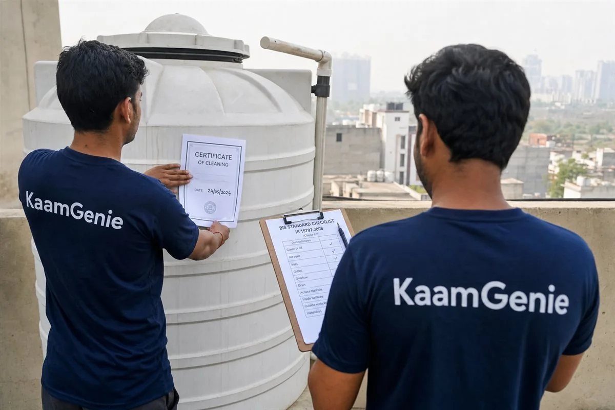A clean Noida society water tank with a dated cleaning certificate and a BIS-standard checklist on a clipboard resting on the tank lid