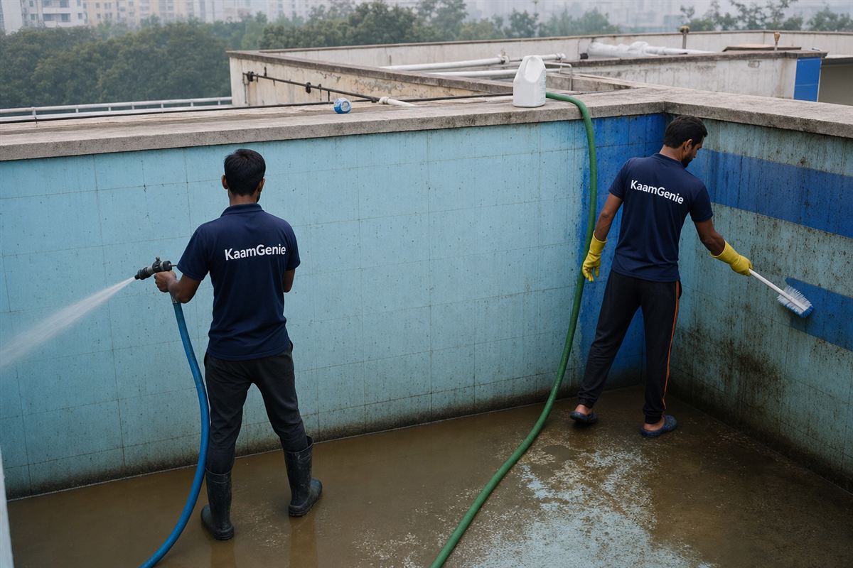 Two KaamGenie workers in navy shirts disinfecting a large Noida society underground reservoir to standard with food-grade chemical