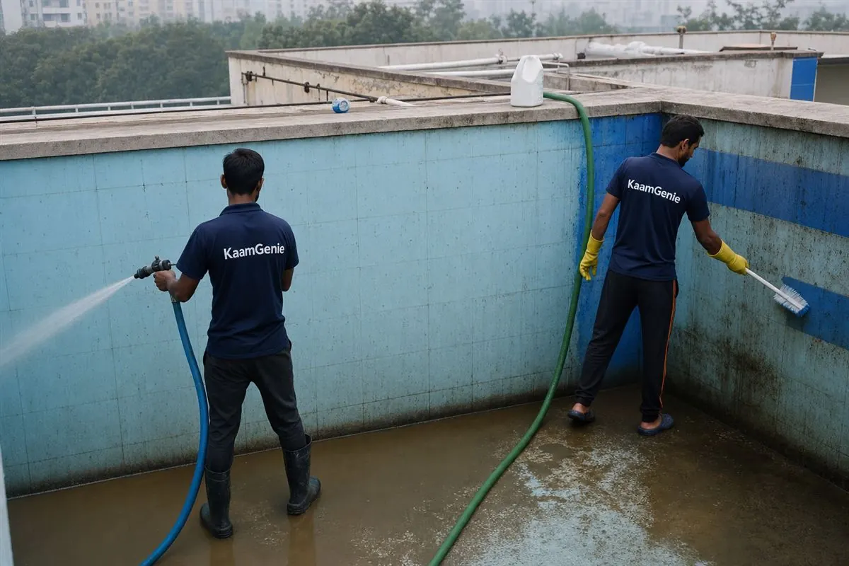 Two KaamGenie workers in navy shirts disinfecting a large Noida society underground reservoir to standard with food-grade chemical
