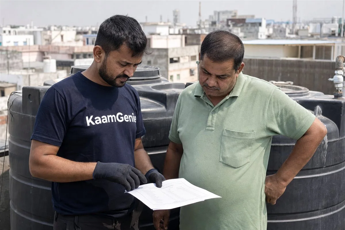 KaamGenie technician writing an itemised water tank cleaning quote on a Delhi rooftop beside a plastic overhead tank