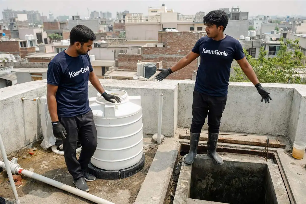 Two Delhi rooftop water tanks side by side - a small 500-litre plastic tank next to a large 2000-litre tank, showing the difference in scrubbing surface