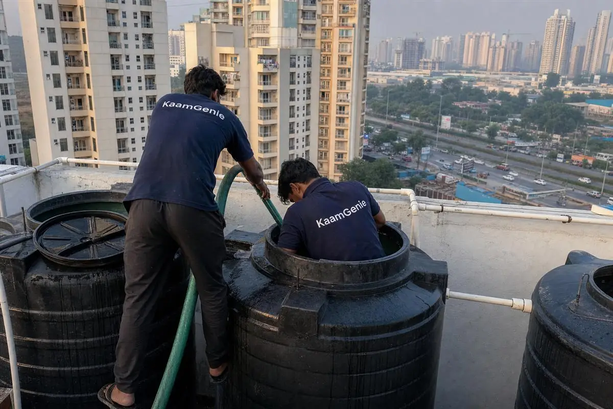 KaamGenie crew in navy shirts cleaning a rooftop water tank on a Sohna Road high-rise society in Gurgaon, with the busy road and other towers in the background