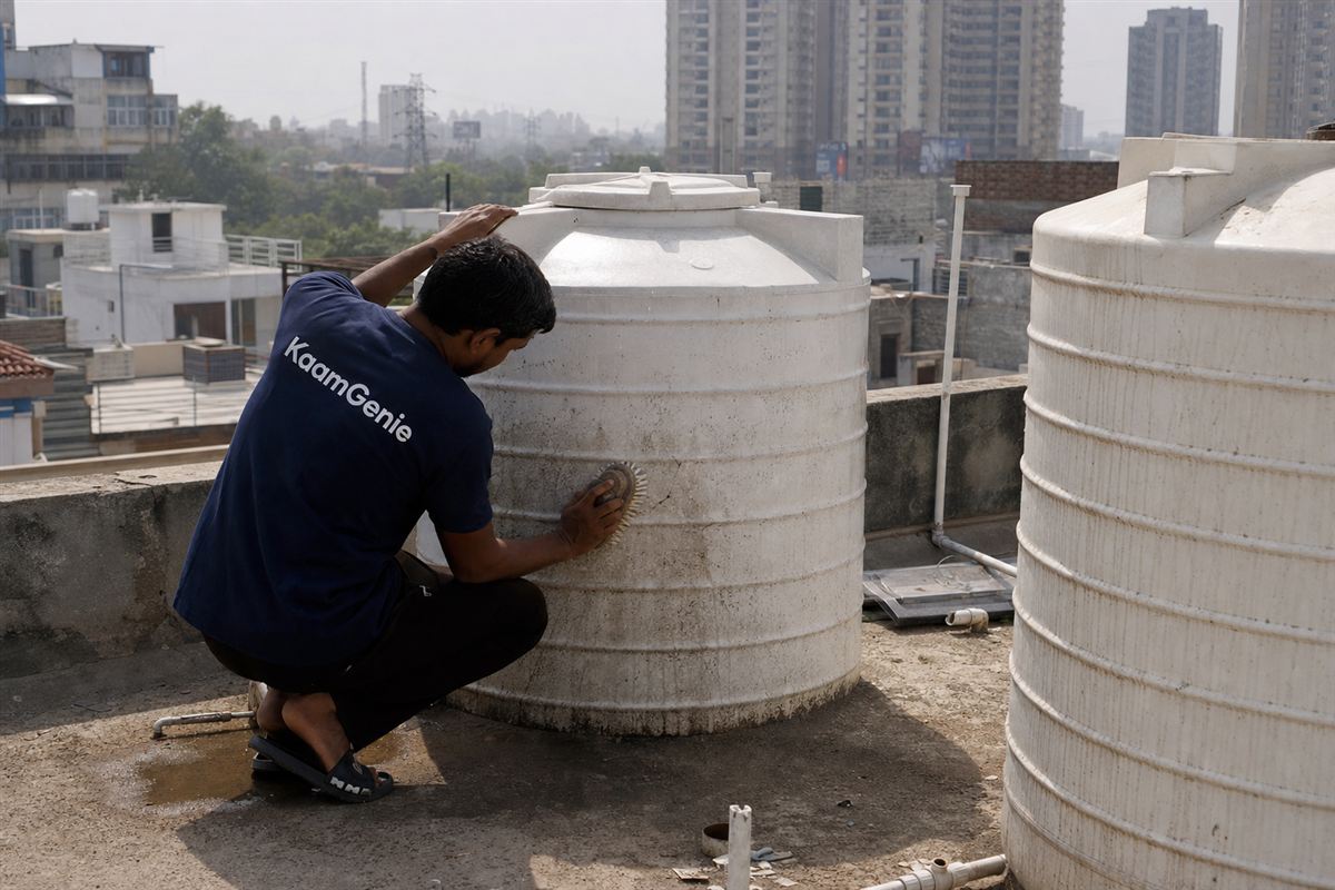 KaamGenie worker in a navy shirt scrubbing the inside wall of an overhead water tank on a Sohna Road society terrace, hard-water scale visible on the walls