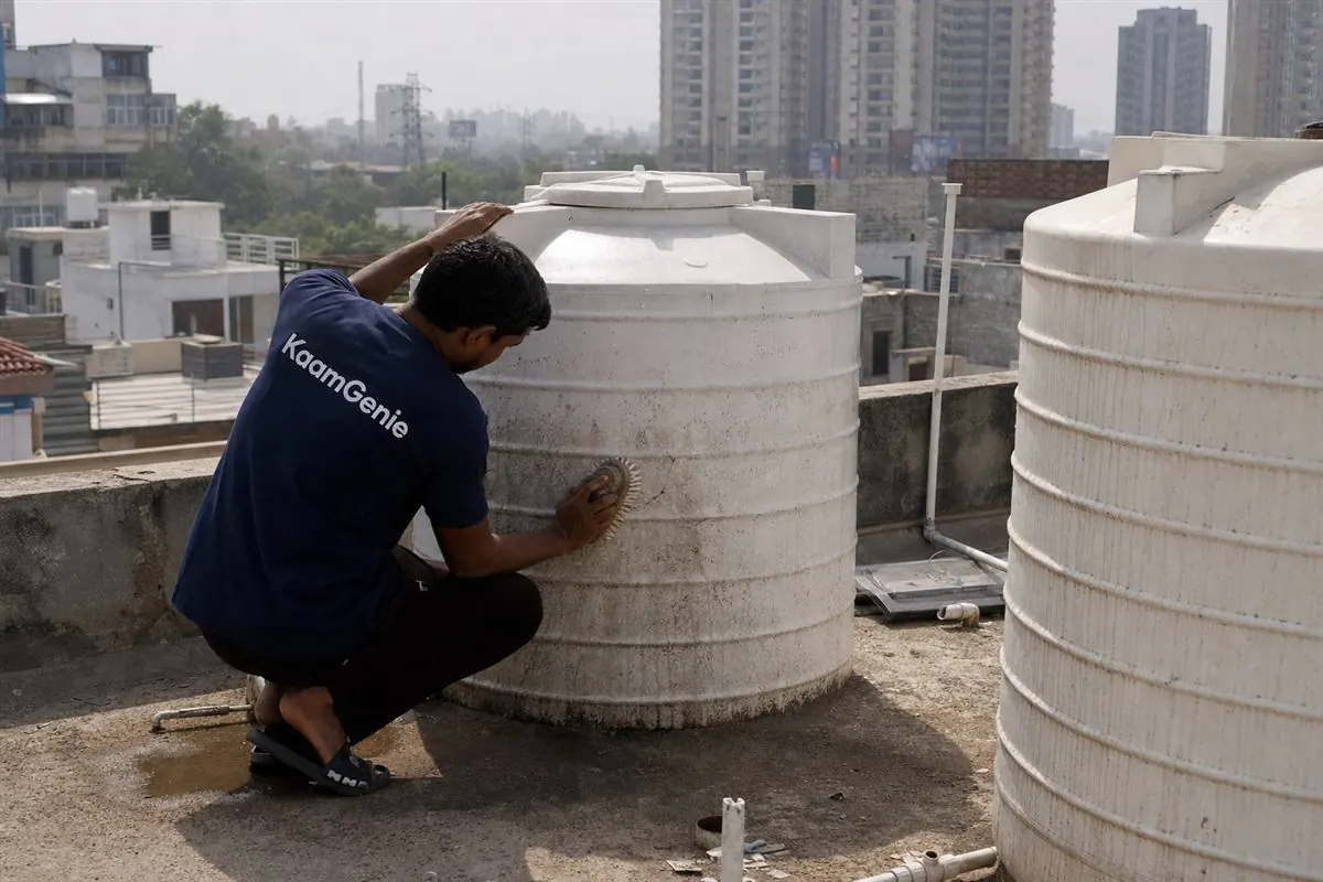 KaamGenie worker in a navy shirt scrubbing the inside wall of an overhead water tank on a Sohna Road society terrace, hard-water scale visible on the walls