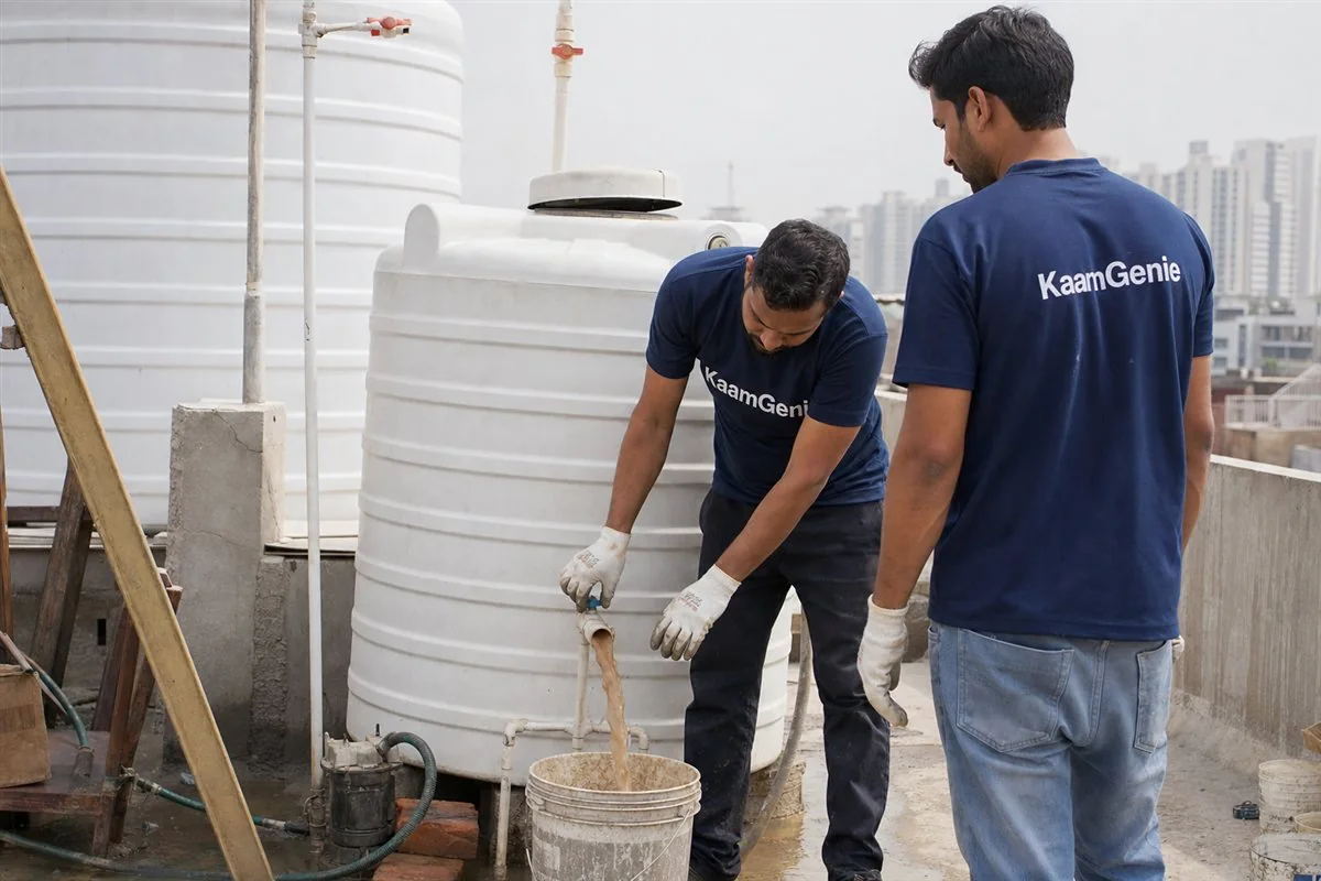Muddy grey water draining out of a tank outlet pipe into a bucket during a tank cleaning on Sohna Road, Gurgaon