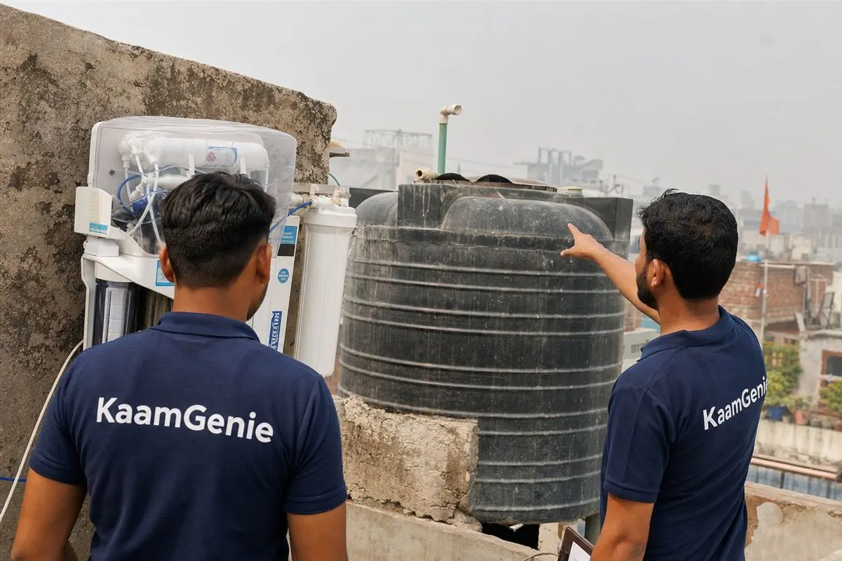 A kitchen RO purifier on one side and a dirty rooftop water tank on the other, a KaamGenie worker in a navy shirt pointing to the tank in Delhi