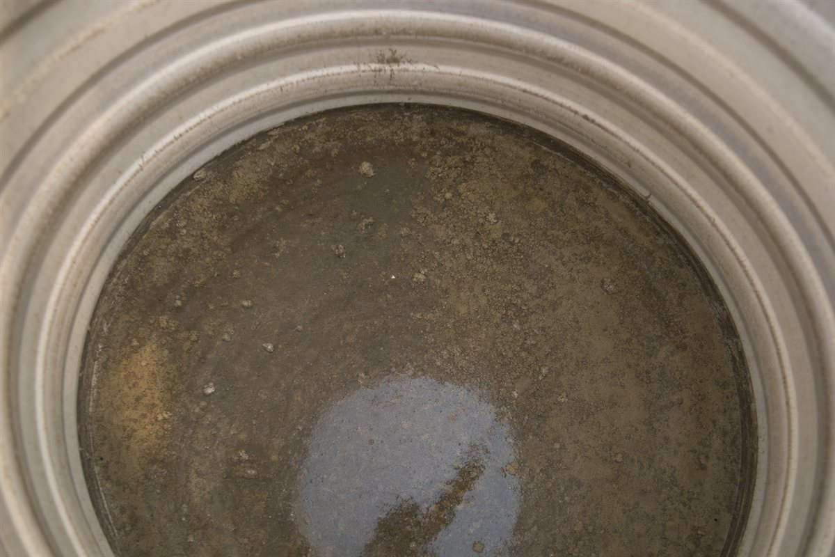 Close-up of dirty sediment, sludge and biofilm inside a storage water tank that feeds a Delhi home