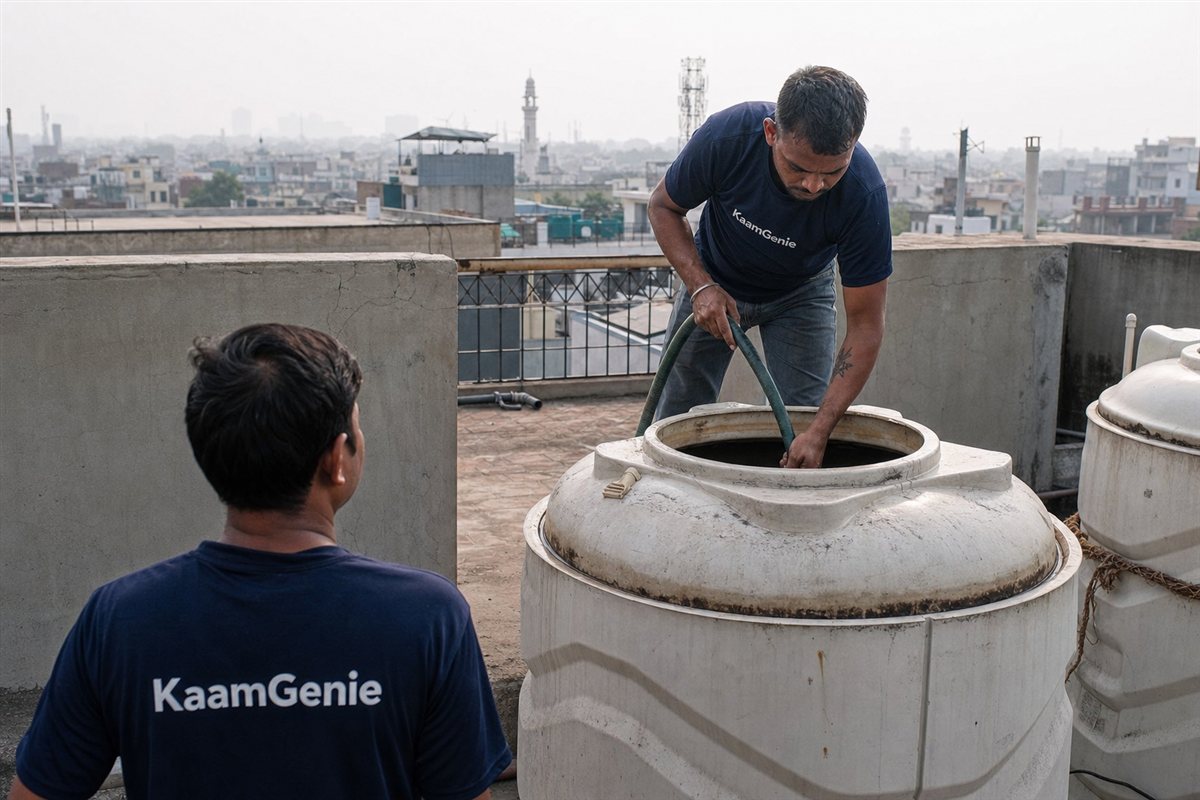 A KaamGenie worker in a navy shirt cleaning a rooftop water tank that supplies the kitchen and bathrooms of a Delhi home