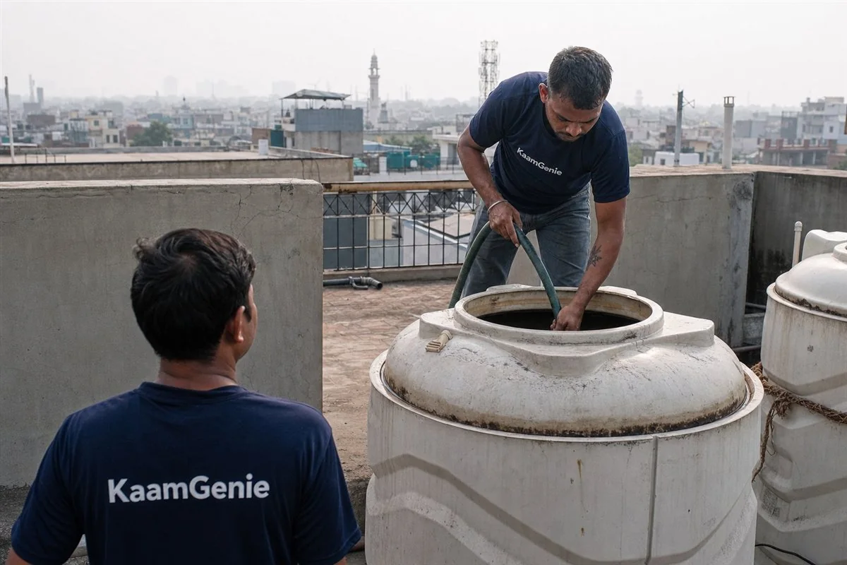 A KaamGenie worker in a navy shirt cleaning a rooftop water tank that supplies the kitchen and bathrooms of a Delhi home