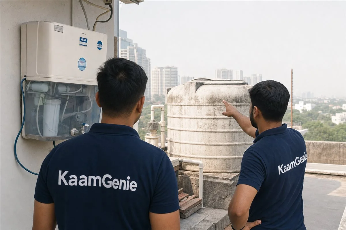 A kitchen RO purifier on one side and a dirty rooftop water tank on the other in Gurgaon, a KaamGenie worker in a navy shirt pointing to the tank