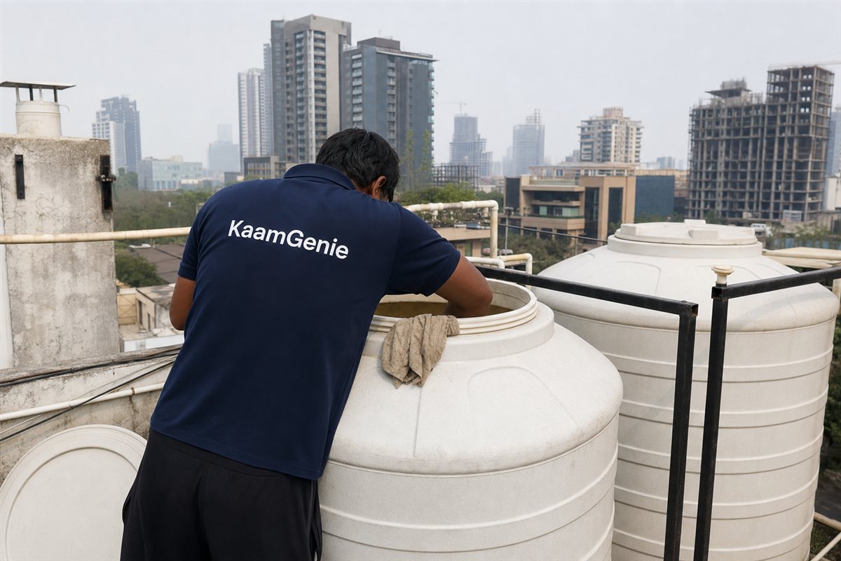 A KaamGenie worker in a navy shirt scrubbing the inside of a rooftop water tank that supplies the kitchen in a Gurgaon home