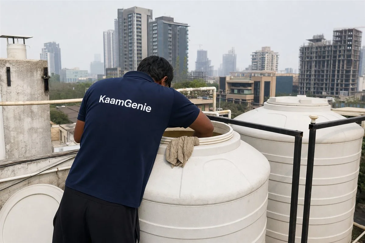A KaamGenie worker in a navy shirt scrubbing the inside of a rooftop water tank that supplies the kitchen in a Gurgaon home