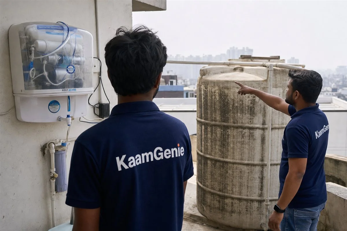 A kitchen RO purifier on one side and a dirty rooftop water tank on the other, a KaamGenie worker in a navy shirt pointing to the tank in Noida