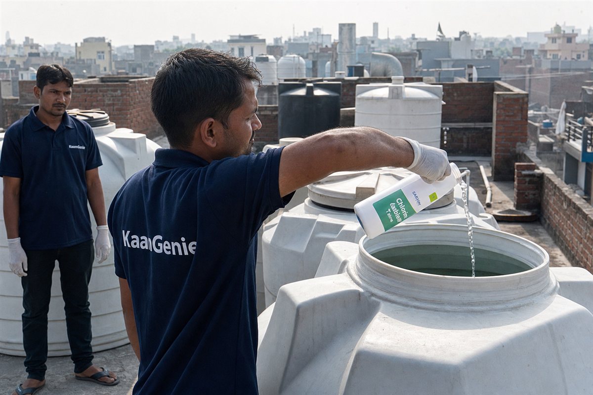 KaamGenie technician pouring measured food-grade chlorine into a freshly cleaned water tank in Delhi