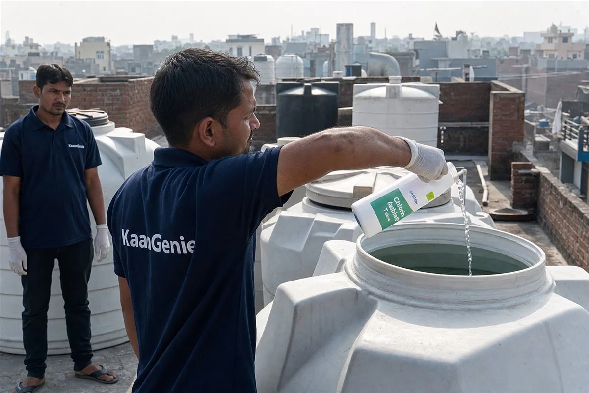KaamGenie technician pouring measured food-grade chlorine into a freshly cleaned water tank in Delhi