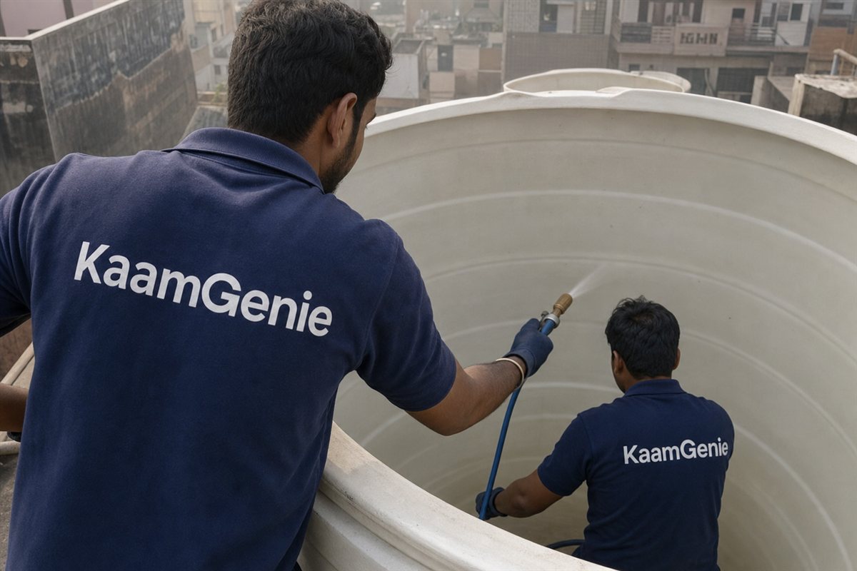 KaamGenie technician in a navy shirt spraying food-grade disinfectant across the clean interior walls of a water tank in Delhi
