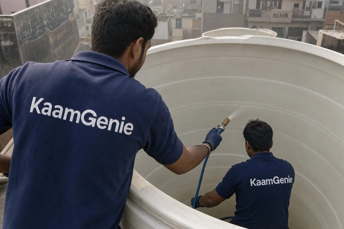 KaamGenie technician in a navy shirt spraying food-grade disinfectant across the clean interior walls of a water tank in Delhi