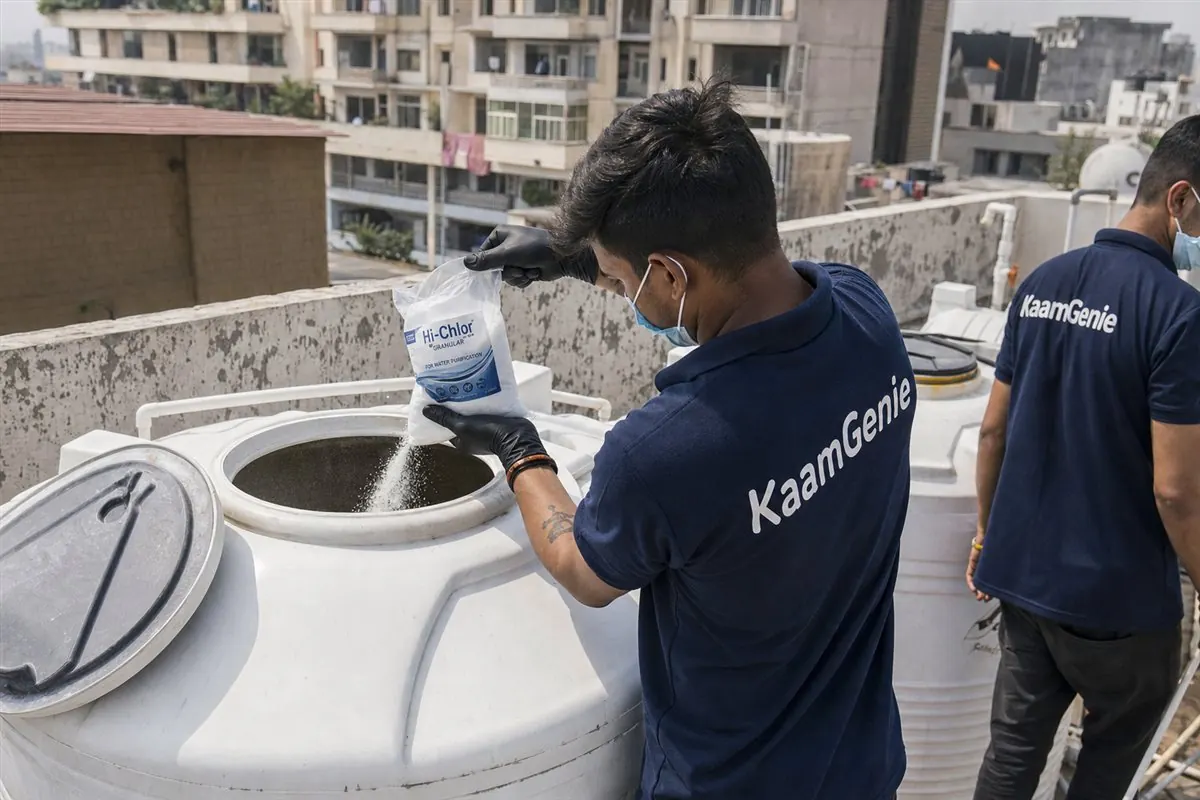 KaamGenie crew member in a navy shirt pouring measured food-grade chlorine into a freshly cleaned water tank in Gurgaon