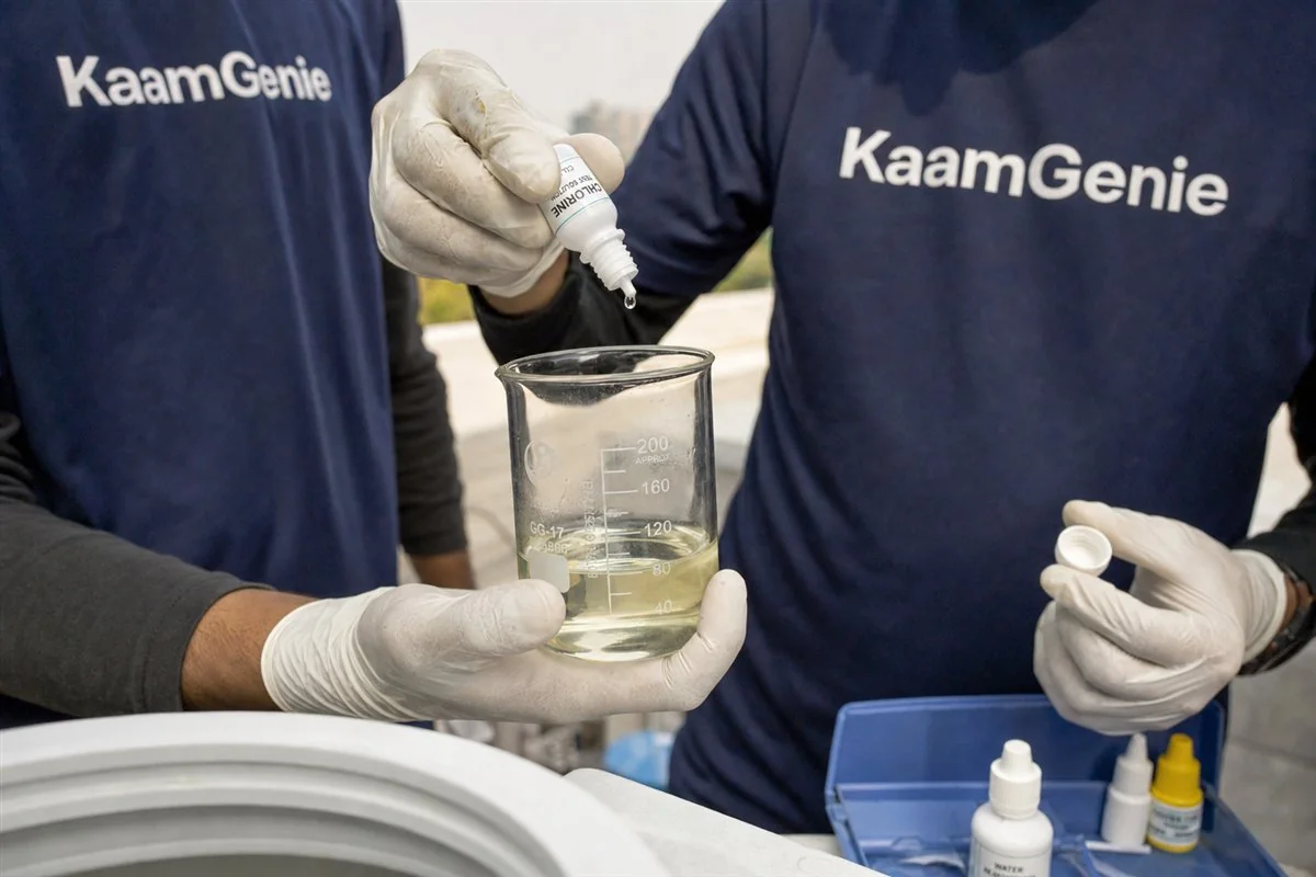 Close-up of gloved hands measuring food-grade chlorine solution in a beaker beside a clean water tank in Gurgaon