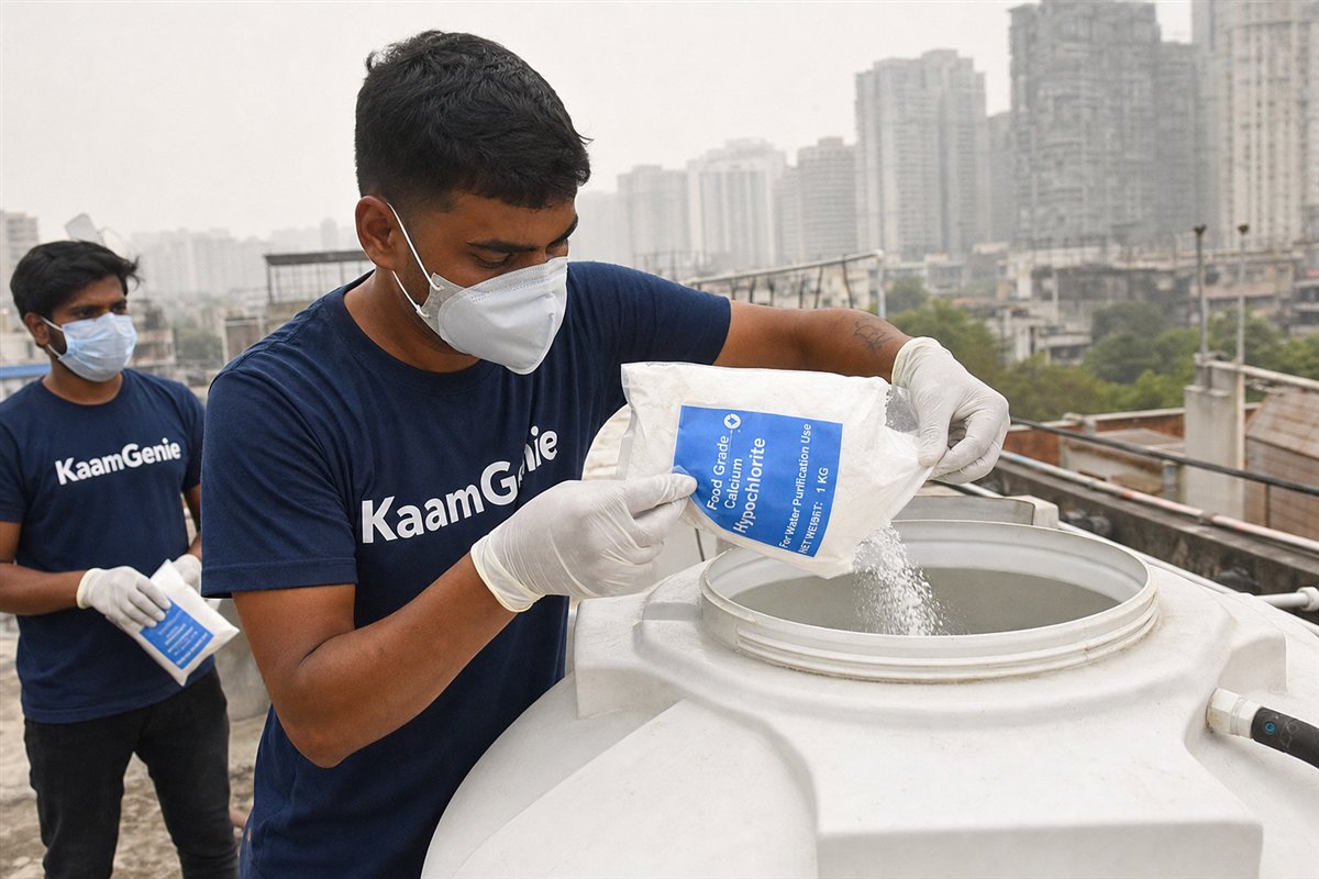 KaamGenie crew member in a navy shirt pouring measured food-grade chlorine into a freshly cleaned water tank in Noida