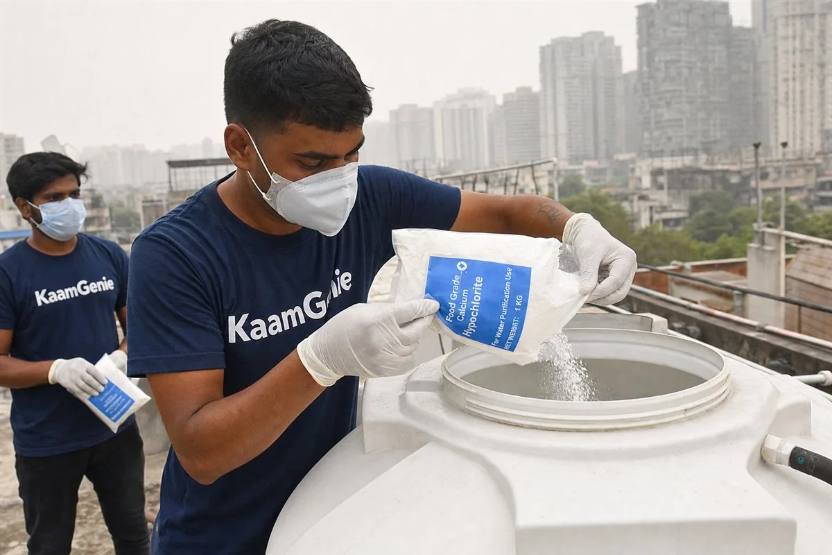 KaamGenie crew member in a navy shirt pouring measured food-grade chlorine into a freshly cleaned water tank in Noida
