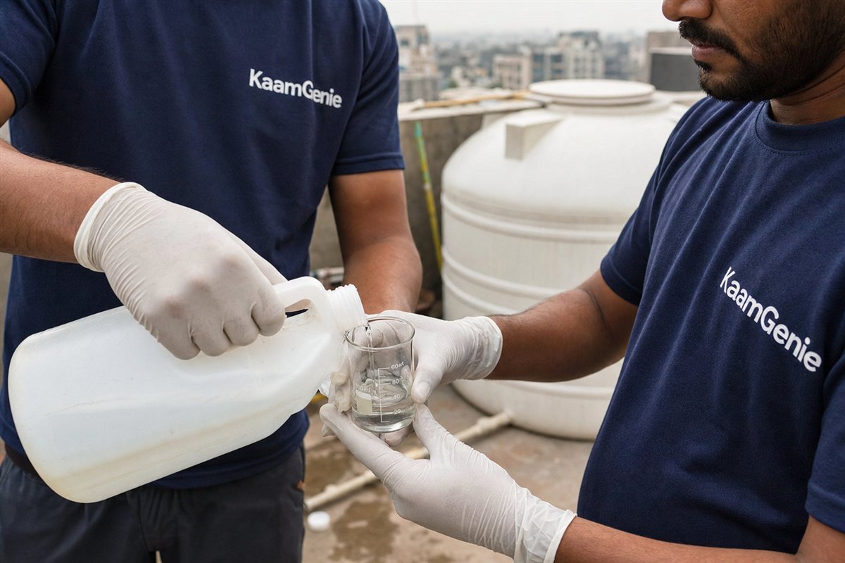 Close-up of gloved hands in a navy KaamGenie sleeve measuring a food-grade chlorine solution into a beaker beside a clean water tank in Noida