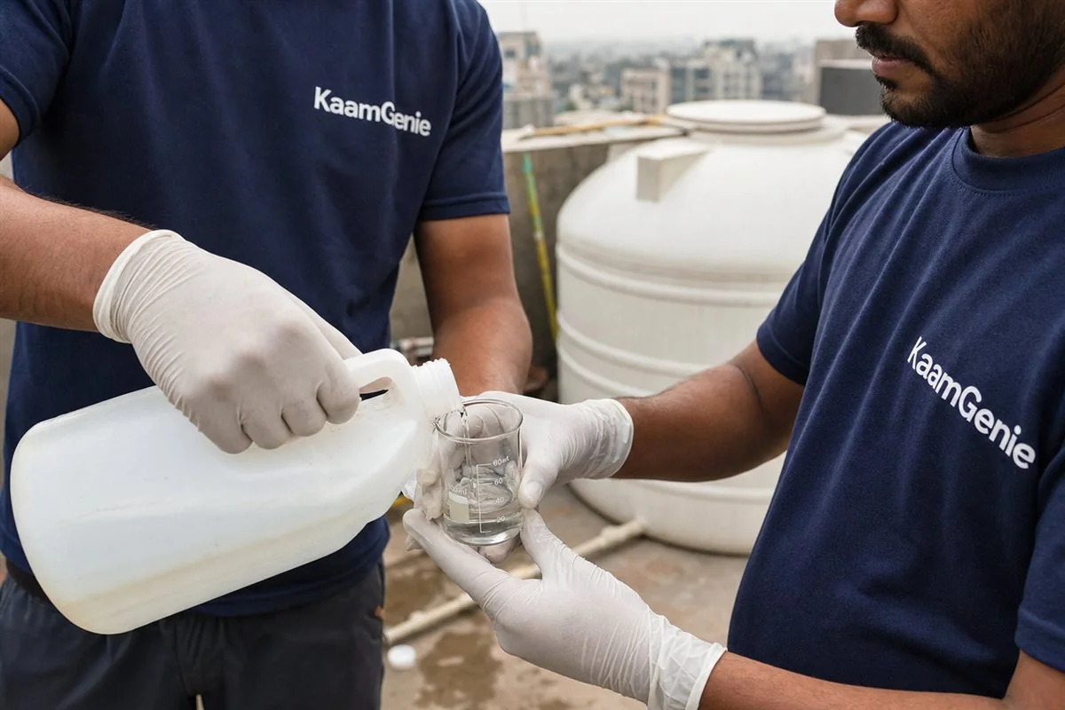 Close-up of gloved hands in a navy KaamGenie sleeve measuring a food-grade chlorine solution into a beaker beside a clean water tank in Noida