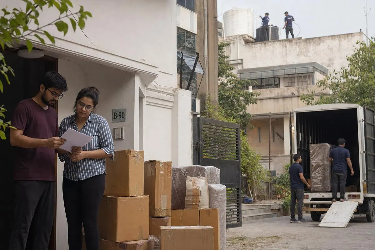 Delhi tenant family with moving boxes outside a new flat, KaamGenie crew cleaning the rooftop water tank in the background