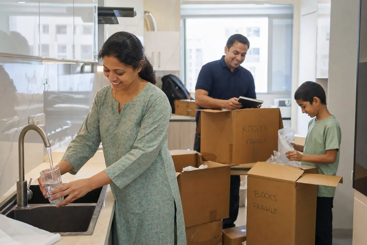Delhi tenant family unpacking moving boxes in a new flat kitchen, water filter cartridges and tank cleaning certificate visible on the counter