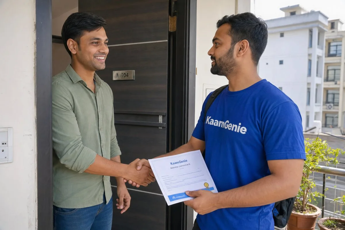 KaamGenie crew handing a water tank cleaning record to a Delhi tenant on move-in day, with packing boxes visible in the background
