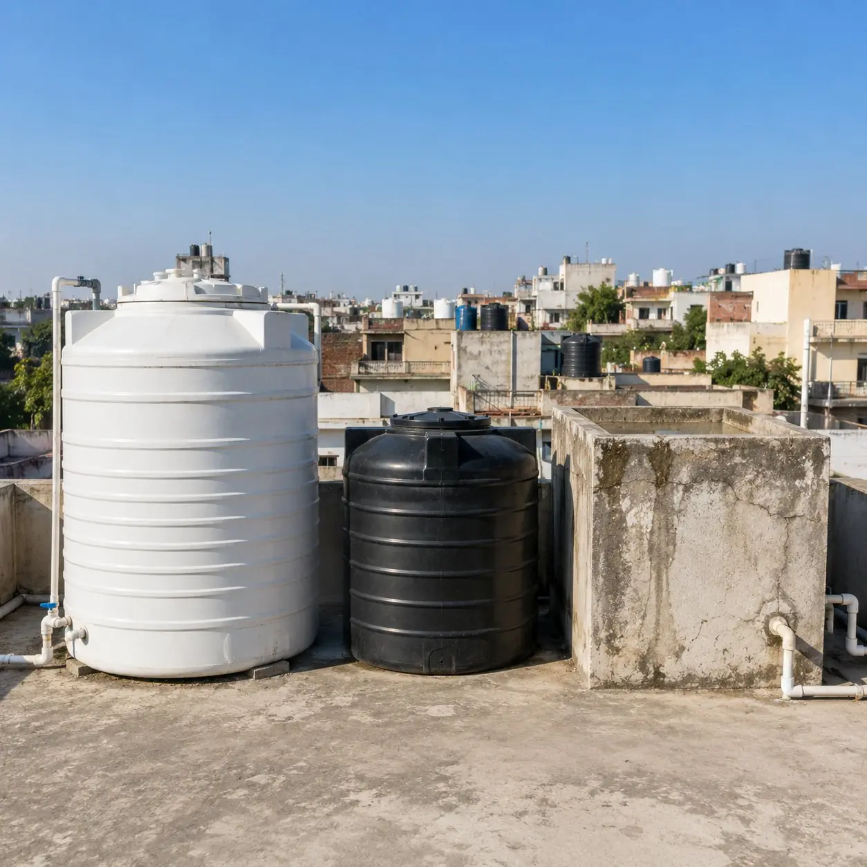 Three water tanks side by side on a Delhi rooftop - a 1000L white plastic overhead tank, a 500L black plastic tank, and a weathered concrete RCC tank - showing the typical mix of tank types found across Delhi homes