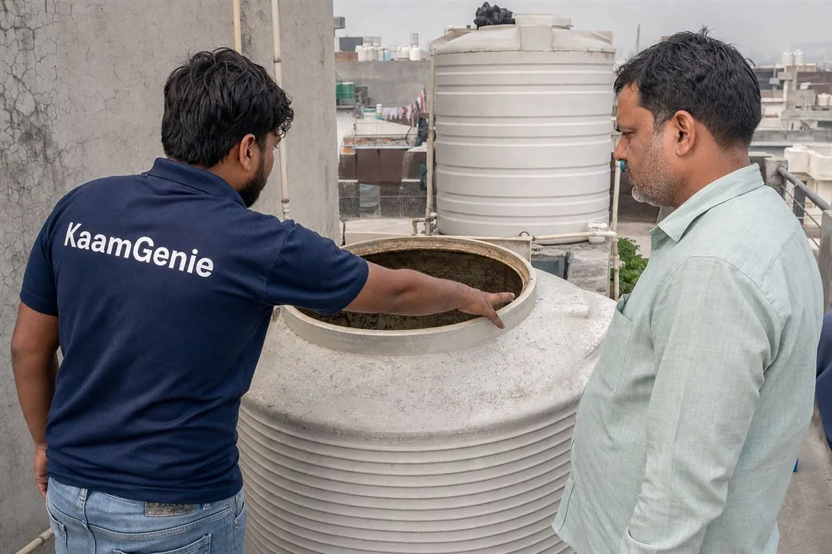 KaamGenie worker in a navy shirt showing a Gurgaon resident the dirty brown interior of their rooftop water tank