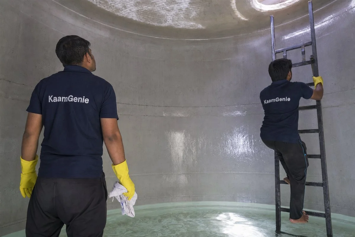A clean, sparkling water tank interior after professional scrubbing and food-grade chlorine disinfection in Gurgaon