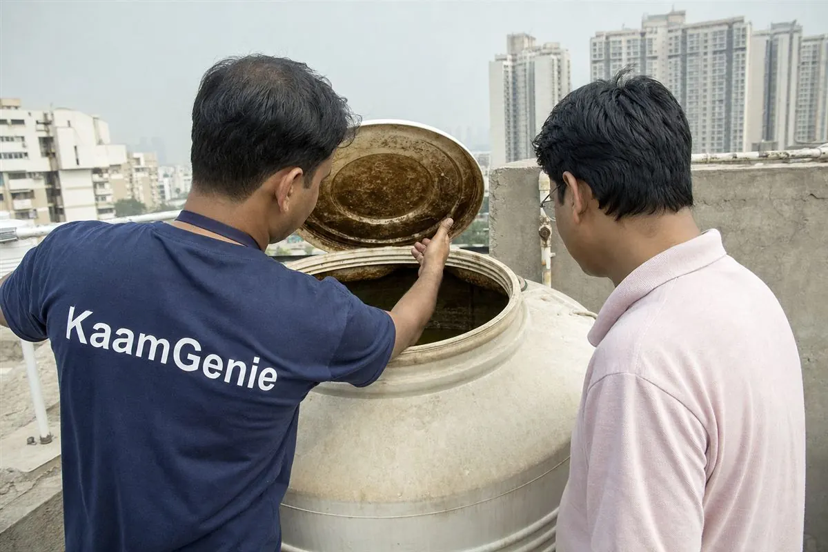 KaamGenie worker in a navy shirt showing a Noida resident the dirty, sediment-lined interior of their rooftop water tank